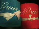 Blue and Pink Bride and Groom Beach Towel Set