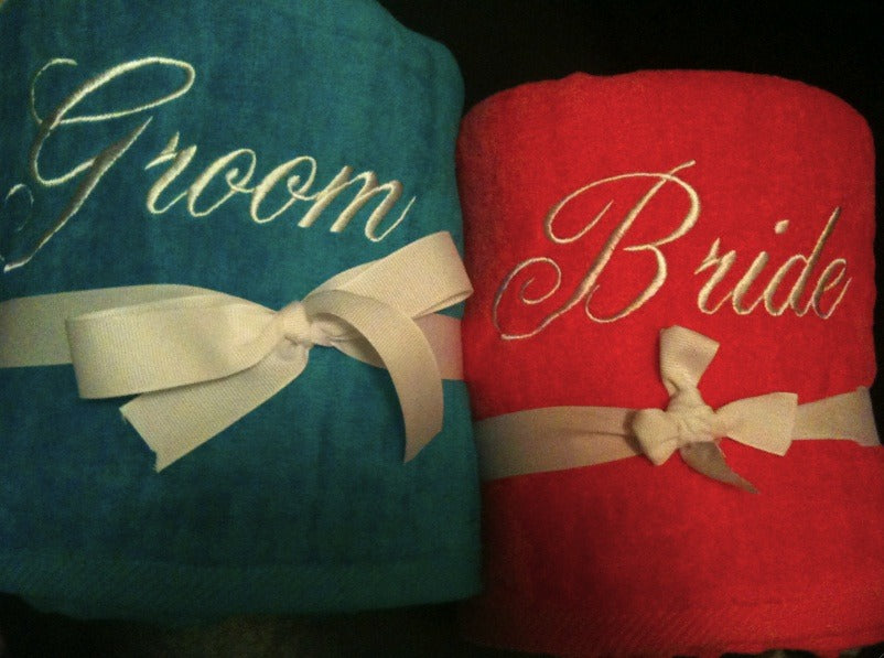 Blue and Pink Bride and Groom Beach Towel Set