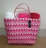 Pink and White Woven Beach Bag